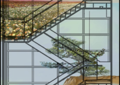 Colorful staircase with scenic landscapes