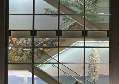 Person admiring colorful mural staircase.