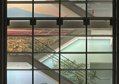 Colorful stairwell with artistic murals.