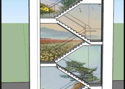 Colorful staircase with scenic murals.